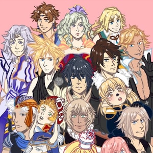 Könnte beinhalten: Digitale Illustration mit mehreren Anime-Charakteren mit unterschiedlichen Frisuren und Gesichtsausdrücken. Das Bild hat einen rosa Hintergrund und zeigt eine Reihe von Charakteren, jeder mit einzigartiger Kleidung und Accessoires.