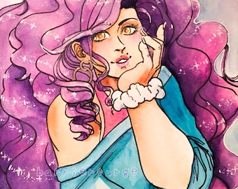 Purple Haired 80's Fashion Vixen Watercolor Piece - 6x8" - ORIGINAL
