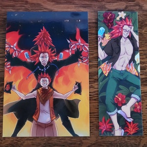 May include: Two illustrations of a character with red hair and a black outfit. The first illustration shows the character with a younger version of themself. The second illustration shows the character in a more relaxed pose with a tropical background.