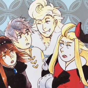 May include: A group of four cartoon characters with different hair colors and expressions. The characters are drawn in a colorful style with a light blue background.