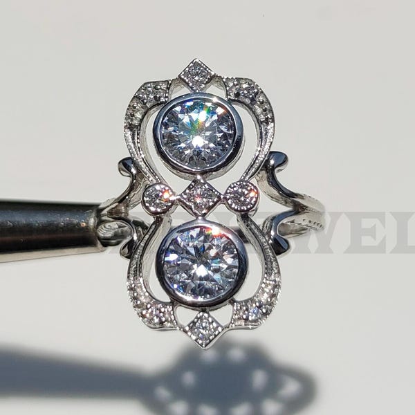 Circa 1880s Estate Vintage 1.3CTW Round Engagement Two Stone 935 Argentium Silver Edwardian Art Deco Engagement Wedding Antique Jewelry Ring
