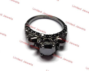 Black Diamond Skull Ring With Two Face 2.25 Ct Round Diamond Black Rhodium Sterling Silver Ring