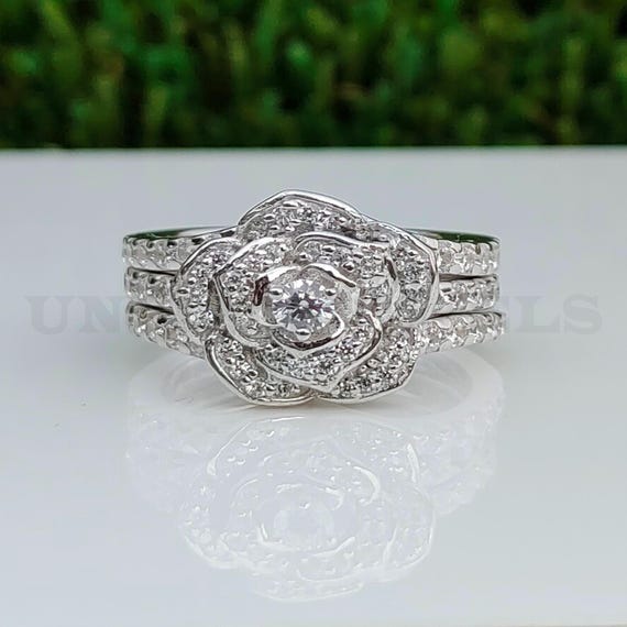 Enchanted Disney Rose Belle Flower Shaped 3/4 CTW White Round Cut Diamond Engagement 935 Argentium Silver Women Wedding 3 In 1 Trio Ring Set