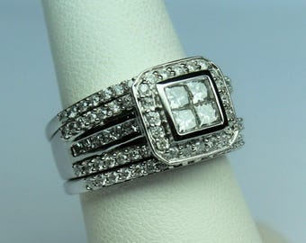 3/4 CT TW Channel Set Princess Cut Diamond Engagement Ring With Tow Band Bridal Set In 935 Argentium Silver, Trio Wedding Set, Gift For Her