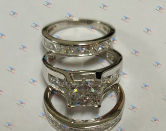 4.00 CT TW Channel Set Princess Cut Diamond Engagement Wedding Ring Tow Band Bridal Set In 925 Sterling Silver