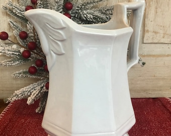 Antique White Ironstone table PITCHER, early Gothic Octagon shape white ironstone, T Meir & Son., holiday decor, collectible
