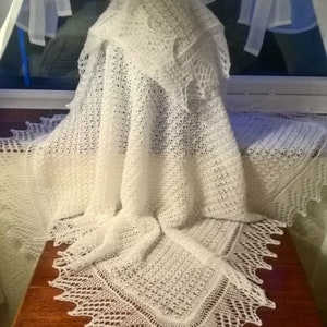 Exquisite Hand Knitted Cobweb Lace Baby Shawl Blanket Natural White image 1