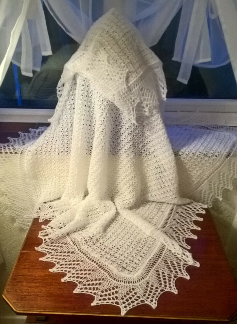 Exquisite Hand Knitted Cobweb Lace Baby Shawl Blanket Natural White image 1