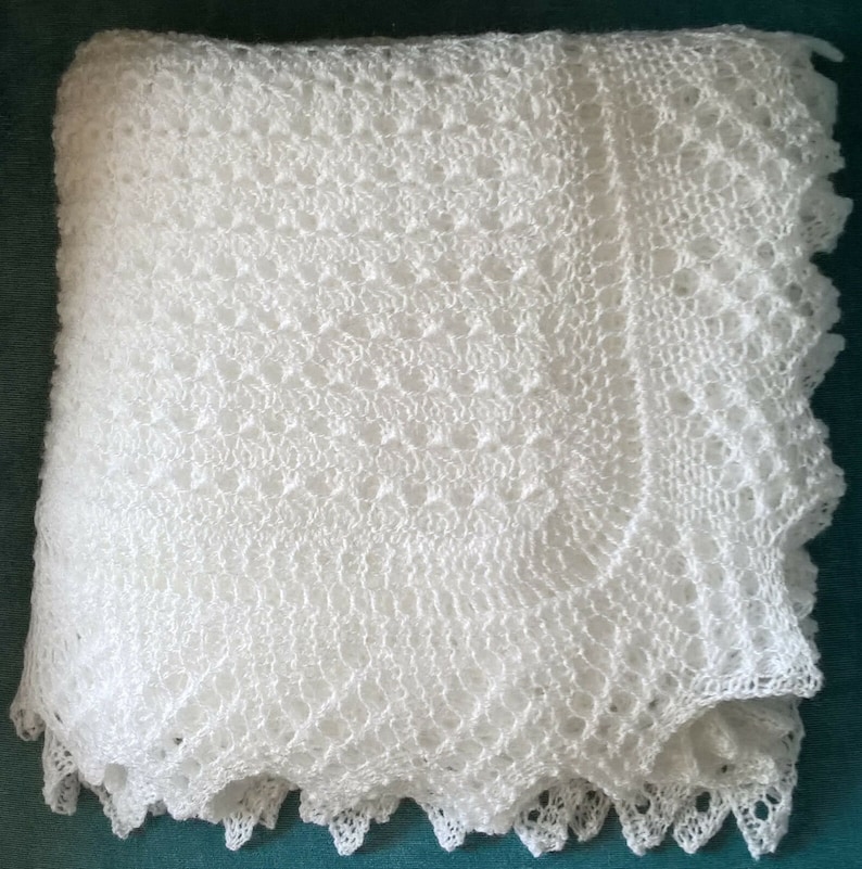 Exquisite Hand Knitted Cobweb Lace Baby Shawl Blanket Natural White image 4