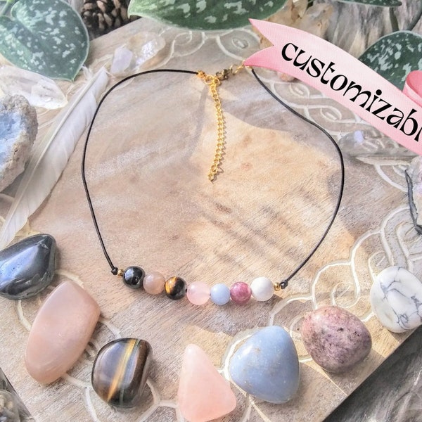 45 bead Option Chakra Choker Necklace made with crystal beads and black or tan leather cord/ Minimalist natural boho jewelry gift