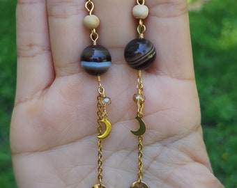 Brown Agate Golden Moon Dangle Chain Earrings