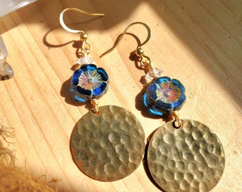 Herkimer Diamond with Blue Czech Glass Earrings with brass boho charms in golden tone