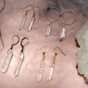Clear Quartz Crystal Point earring pair, choose silver gold bronze or copper, hippie boho witchy healing jewelry