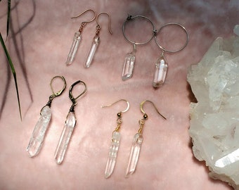 Clear Quartz Crystal Point earring pair, choose silver gold bronze or copper, hippie boho witchy healing jewelry