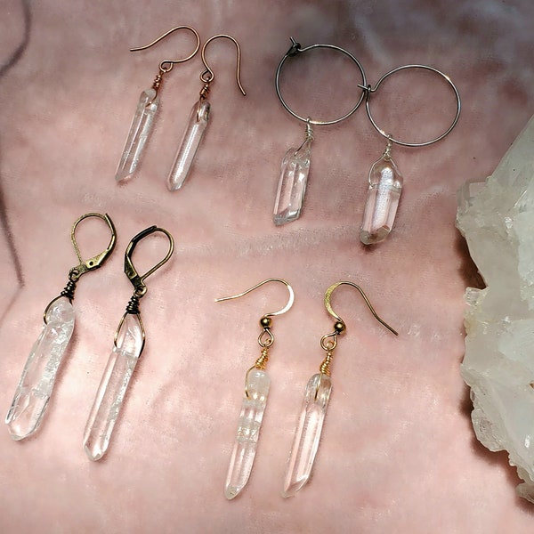 Clear Quartz Crystal Point earring pair, choose silver gold bronze or copper, hippie boho witchy healing jewelry