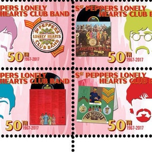 Die Beatles - Sgt. Pepper's 50th Jahrestag - Artistamp (Cinderella, Faux Porto) Plate Block-Stil Set aus 6 gummierten und perforierten Briefmarken.