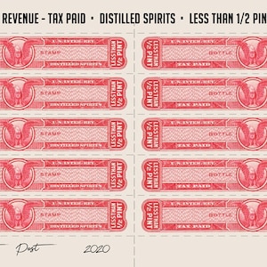 Mooie reproductie van 1934-44 US Revenue Tax Stamp / Bottle Stamp MINDER dan 1/2 PINT - Gedistilleerde dranken - Mini's - Gegomd en geperforeerd