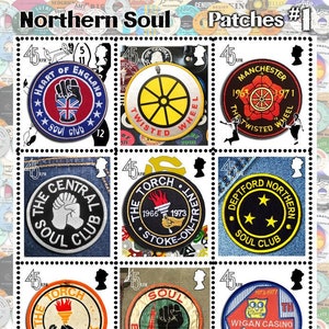 Northern Soul - Patch Collection Nr. 1 - (Artistamps, Cinderellas, Faux Porto) Pane-Style Sheet von 12 gummierten und perforierten Briefmarken