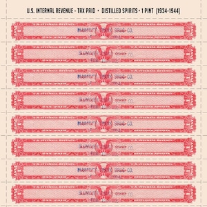 Hermosa reproducción del timbre del impuesto de ingresos de los Estados Unidos de 1934-44 / sello de botella - 1 pinta - licores destilados - engomados y perforados