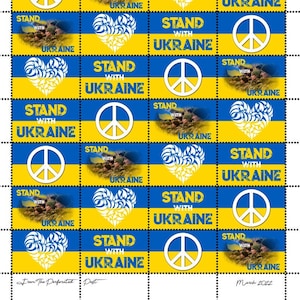 STAND WITH UKRAINE - Artistamps(Poster Stamps, Cenicientas) Hoja de 32 sellos engomados y perforados en seco. ¡25% de compra a Americares!