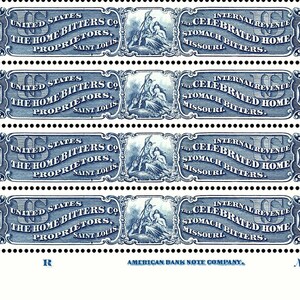 Hermosa reproducción 1879-81 US Revenue Tax Stamp - Home Bitters Company - RS128 - 4-stamp Faux Plate Block - engomado y perforado