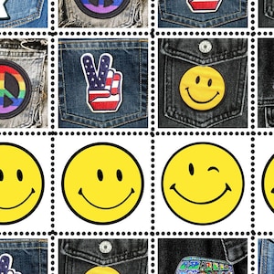 Buchstaben-Autoren! - Verziere deine Post!  1960er Jahre Symbole auf Jeans. Gummipapier mit echten Lochlöchern! Frieden und Liebe!