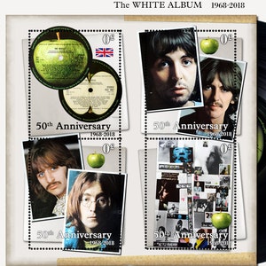 Beatles - Wir feiern den 50. - Artistamps(Aschenputtel, Faux Porto) Bogen mit 4 gummierten, gelochten Briefmarken. Wähle US oder UK.