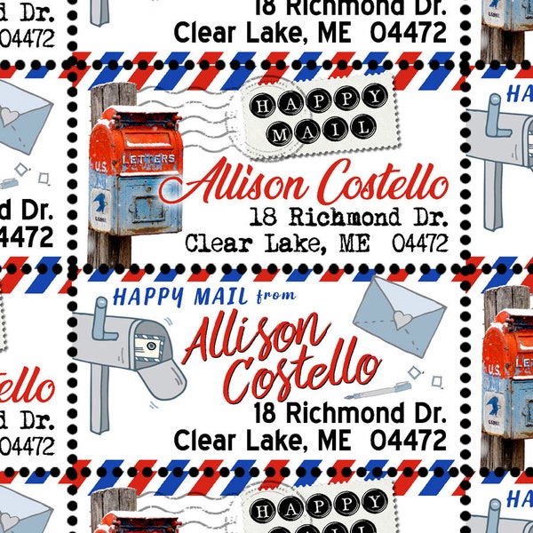 Happy Mail! - Custom Return Address Labels - Gummed and Perforated like classic stamps.