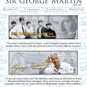 Celebrating Sir George Martin & The Beatles - Artistamps(Cinderella, Faux Postage) Souvenir-Style Bogen mit 2 gummierten und perforierten Briefmarken.