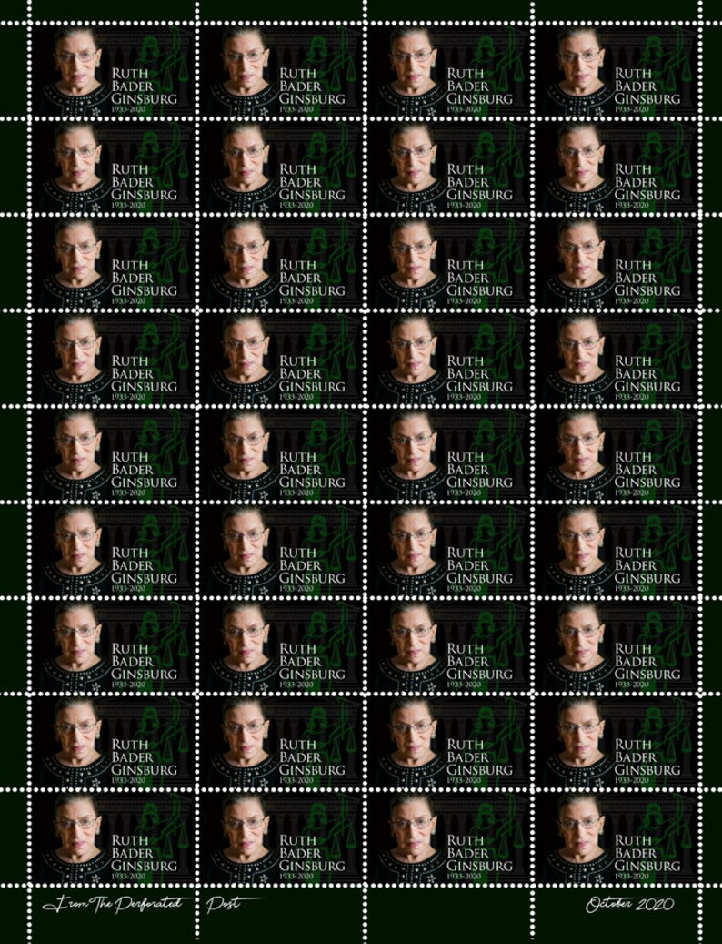 Cinderella, Faux Postage Sheet of 45 gummed and perforated stamps. Ruth Bader Ginsburg Celebrating RGB/'s Life Artistamp