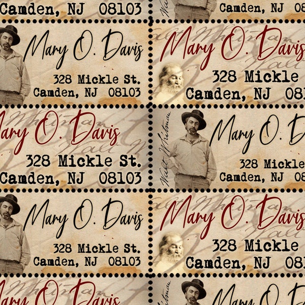 Custom Return Address Labels - Walt Whitman - 30 Stamps - Gummed and Perforated like classic stamps.