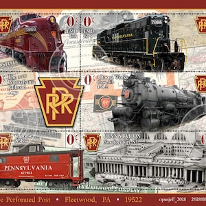 6 gummierte und perforierte Briefmarken im Souvenir-Stil der Serie “Pennsylvania Railroad” im Souvenir-Stil.