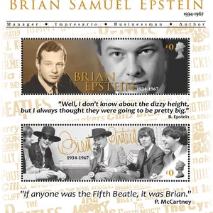 Celebrating Brian Epstein & The Beatles - Artistamps(Cinderella, Faux Postage) Souvenir-Style Bogen mit 2 gummierten und perforierten Briefmarken.