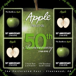 Die Beatles - Wir feiern Apple Records 50 Jahre! - Artistamps(Cinderella, Faux Postage) Souvenir-Style Bogen mit 4 gummierten und gelochten Briefmarken.