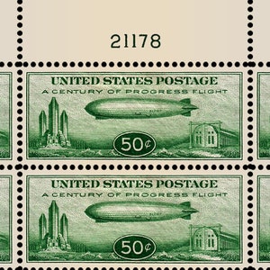 Hermosa reproducción 1933 US Airmail Stamp - El sello "Baby Zepp" - C18 - 6-stamp Faux Plate Block - engomado y perforado