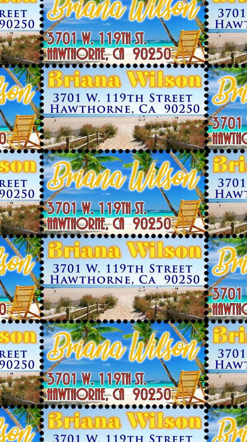 Relaxing Beach Theme! Gummed and Perforated like classic stamps. Custom Return Address Labels
