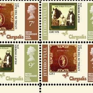 Jethro Tull - Tribute to Classic Albums - Retro UK Artistamp (Cinderella, Faux Porto) Plattenblock Stil von 4 Briefmarken. Gummiert und gelocht.