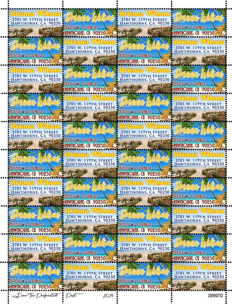 Relaxing Beach Theme! Gummed and Perforated like classic stamps. Custom Return Address Labels