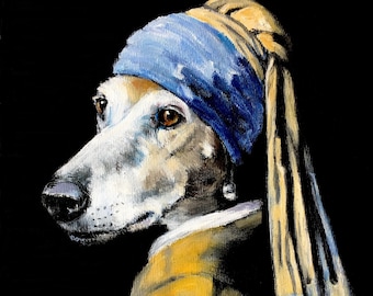 Lévrier avec une impression d’art de boucle d’oreille de perle, peinture de chien de Galgo Espanol, cadeau d’anniversaire classique de Johannes Vermeer, image de Whippet de fête des mères