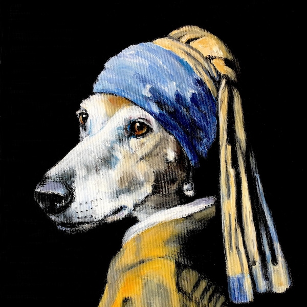 Windhund mit einem Perlenohrring Kunstdruck, Galgo Espanol Hundemalerei, klassisches Johannes Vermeer Geburtstagsgeschenk, Whippet Bild zum Muttertag