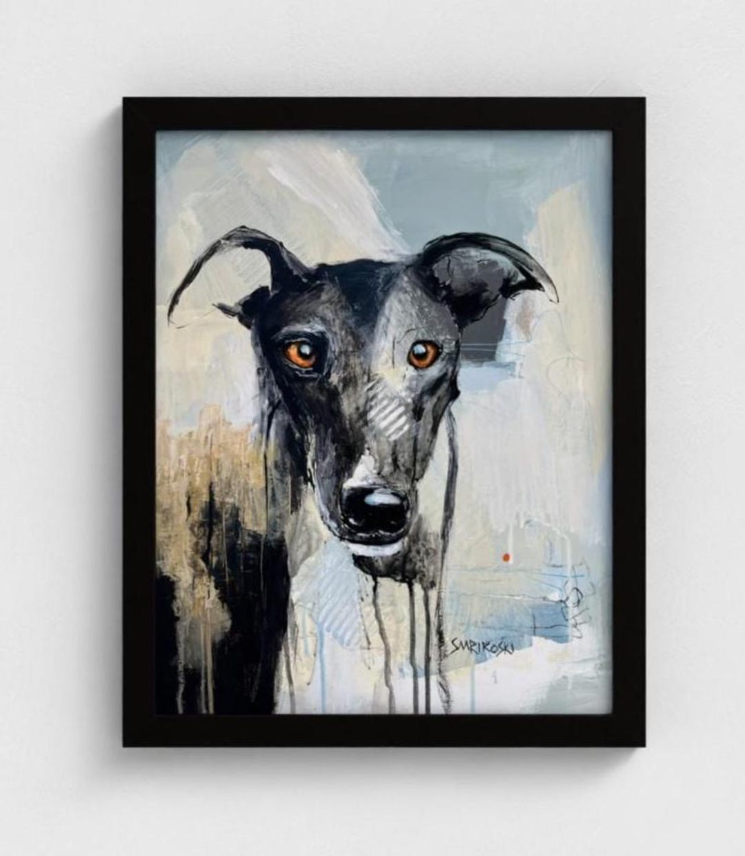 Abstract Greyhound Portrait Art Print in a Wooden Fame, Black Whippet ...