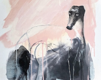 Stampa artistica Galgo Espanol: dipinto astratto di un levriero, rosa e nero