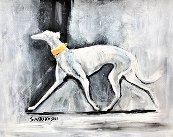 Black and White greyhound Art print, Sighthound painting, Gold Hound Collar, Galgo Espanol Mothers Day gift, Whippet Art,