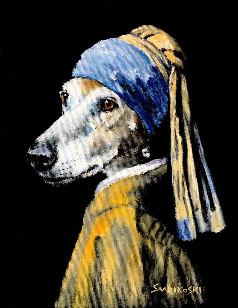 Galgo with a Pearl Earring Canvas Print in Black Float Frame, Greyhound Art Mothers Day Gift, Johannes Vermeer Painting, Whippet Painting image 9