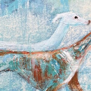May include: A painting of two greyhounds running through a blue and white abstract background. The greyhounds are painted in a stylized way, with their bodies appearing as a series of brushstrokes.
