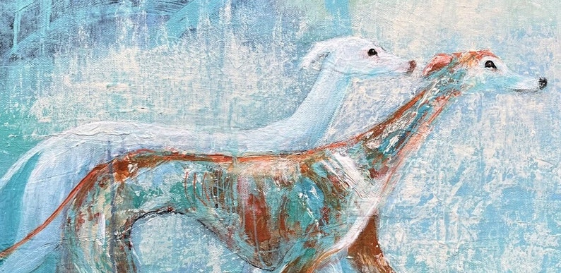 May include: A painting of two greyhounds running through a blue and white abstract background. The greyhounds are painted in a stylized way, with their bodies appearing as a series of brushstrokes.