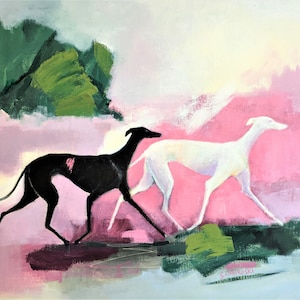 Stampa artistica Galgo Espanol, opera d'arte astratta di levriero nero, decorazione per la casa rosa e verde, regalo per la festa della mamma, regalo di compleanno, Whippet bianco