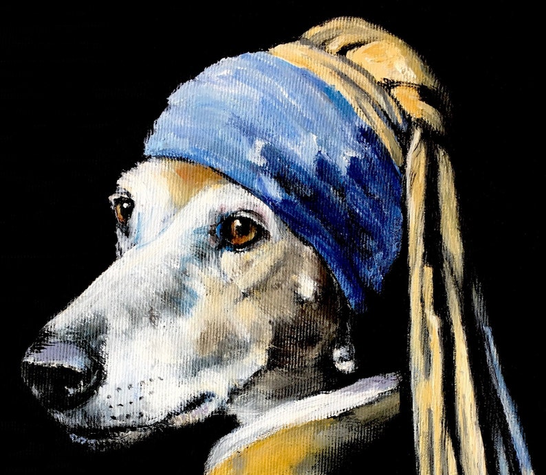 Galgo with a Pearl Earring Canvas Print in Black Float Frame, Greyhound Art Mothers Day Gift, Johannes Vermeer Painting, Whippet Painting image 3