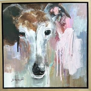 May include: A close-up painting of a dog's face. The dog is white with brown markings and has a black nose. The background is a mix of abstract colours, including pink, blue, and green.