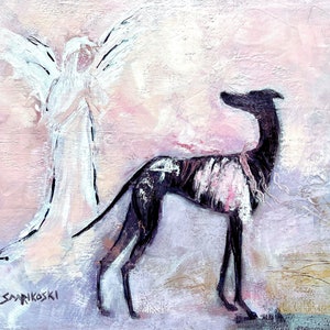 Black Greyhound and Angel Art Print, Galgo Espanol Rainbow Bridge Gift for her, Rescue Dog Birthday Present, Whippet Wall Art,